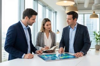 Three colleagues analyze colorful data visualizations on a tablet in a bright, modern office with large windows. One points, another takes notes.