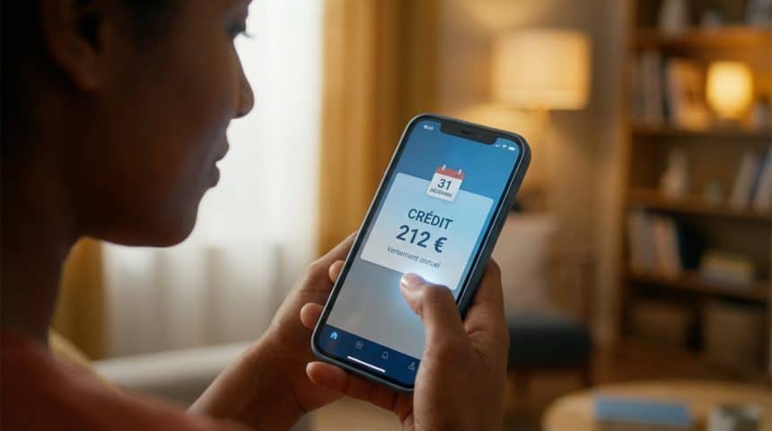 Gros plan sur une main tenant un smartphone affichant un crédit de 212 € et "31 Décembre". Fond flou de maison chaleureuse.