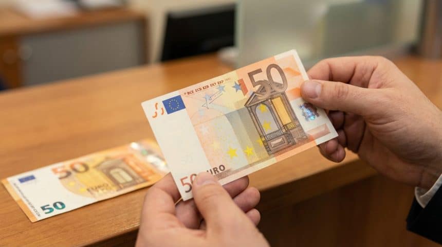 Close-up of hands holding a crisp Europa series 50 euro banknote, with an older 50 euro note blurred on a wooden counter.