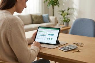 Individual managing finances on tablet, with calculator, euro coins, and house key on a light wood desk in a warm home.