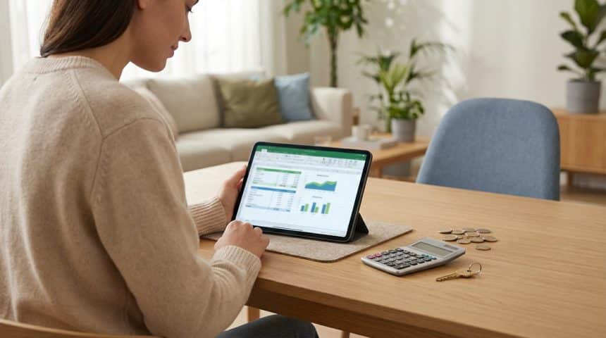 Individual managing finances on tablet, with calculator, euro coins, and house key on a light wood desk in a warm home.
