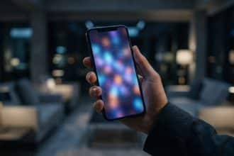Hand holding a smartphone with a vibrant, abstract, glowing screen and digital patterns in a softly blurred, dimly lit room.