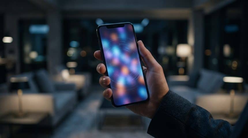 Hand holding a smartphone with a vibrant, abstract, glowing screen and digital patterns in a softly blurred, dimly lit room.