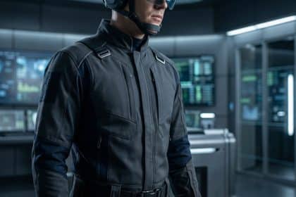 A person in a sophisticated tactical uniform with a helmet and visor, standing in a modern, high-tech operational facility with blurred digital screens.
