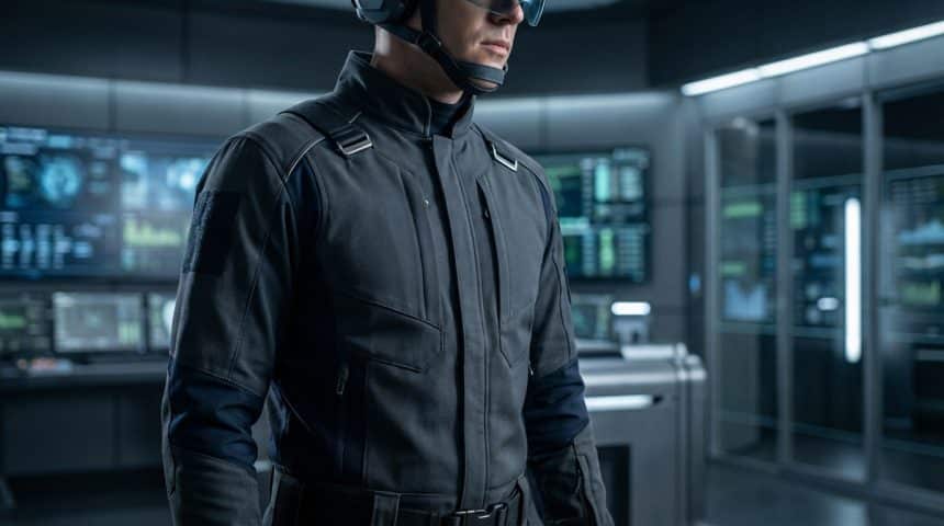 A person in a sophisticated tactical uniform with a helmet and visor, standing in a modern, high-tech operational facility with blurred digital screens.