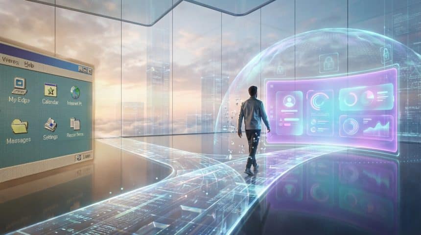 A person walks on a glowing path from an old pixelated interface to a vibrant, modern, secure digital platform, symbolizing evolution.