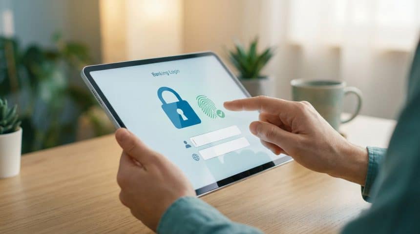 Hands hold a tablet displaying a secure banking login with padlock and fingerprint icons, in a soft-lit home environment.
