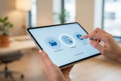 Close-up: Hands on a tablet showing digital portal with 'Documents', 'Payslip' (highlighted, Euro symbol), and 'Security' icons. Finger taps 'Security'. Blurred office.