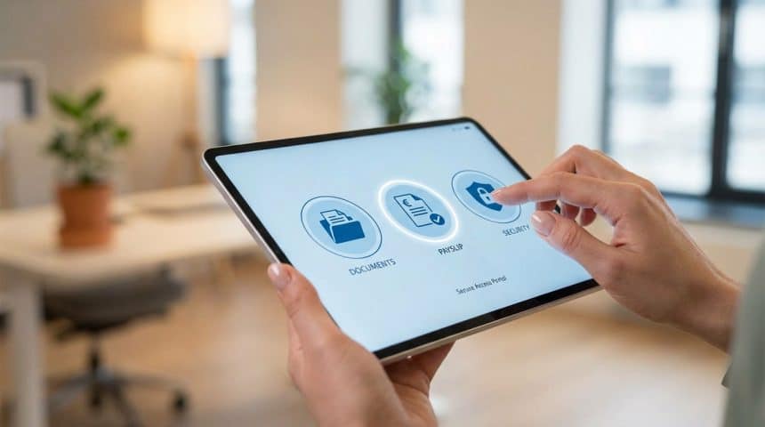 Close-up: Hands on a tablet showing digital portal with 'Documents', 'Payslip' (highlighted, Euro symbol), and 'Security' icons. Finger taps 'Security'. Blurred office.
