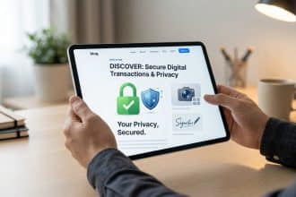 Anonymous hands hold a tablet displaying "Secure Digital Transactions & Privacy" with padlock, shield, and camera icons on screen.