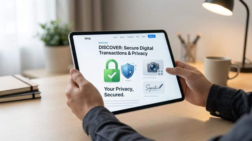 Anonymous hands hold a tablet displaying "Secure Digital Transactions & Privacy" with padlock, shield, and camera icons on screen.