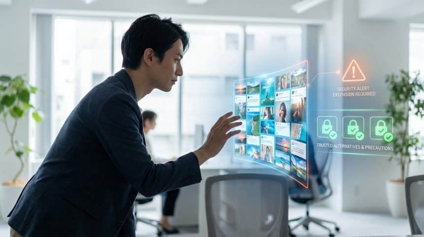 Focused man interacts with a floating digital interface displaying image thumbnails, a security alert, and trusted alternatives.