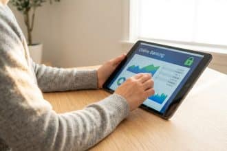 Hands interacting with a tablet displaying a secure online banking interface with financial graphs and a green padlock icon.