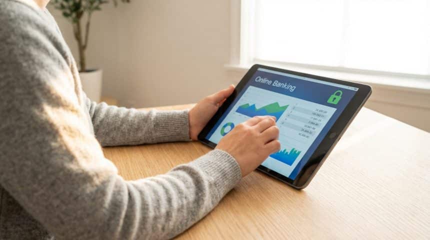 Hands interacting with a tablet displaying a secure online banking interface with financial graphs and a green padlock icon.