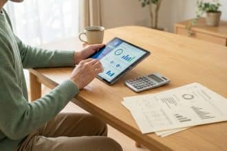 Person in a green sweater reviewing financial data on a tablet at a wooden table with documents and a calculator, in a bright home.