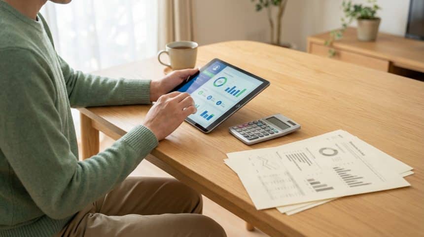 Person in a green sweater reviewing financial data on a tablet at a wooden table with documents and a calculator, in a bright home.