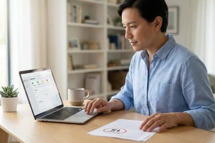 Anonymous person focused on laptop with administrative interface and document with highlighted date, in a modern home office.