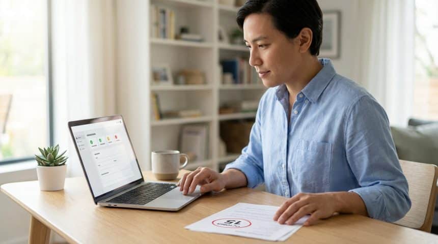 Anonymous person focused on laptop with administrative interface and document with highlighted date, in a modern home office.