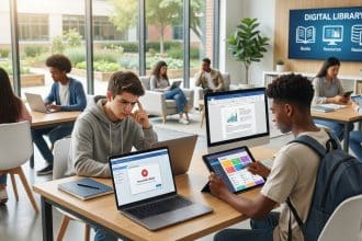 Diverse students use laptops and tablets in a modern, bright learning space. One faces a connection issue, another navigates digital content.