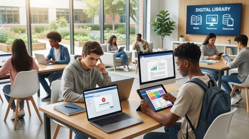 Diverse students use laptops and tablets in a modern, bright learning space. One faces a connection issue, another navigates digital content.