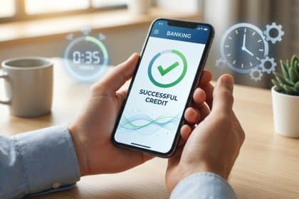 Close-up of hands holding a smartphone with a banking app showing 'Successful Credit'. Blurred clocks and a timer signify financial timing.