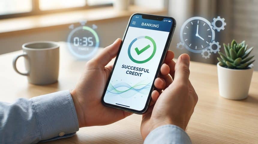 Close-up of hands holding a smartphone with a banking app showing 'Successful Credit'. Blurred clocks and a timer signify financial timing.