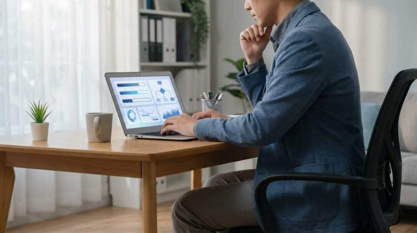 A person, representing a teacher, focused on a laptop displaying abstract career management data in a modern, naturally lit home office.