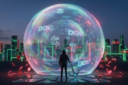 A hooded figure holds an anchor, watching a massive, cracked, iridescent digital bubble with crypto symbols, amidst a red/green cityscape.
