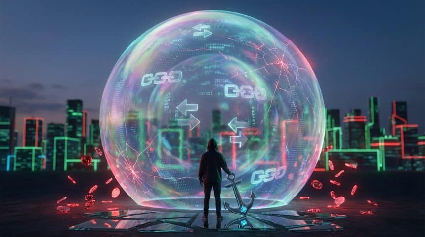A hooded figure holds an anchor, watching a massive, cracked, iridescent digital bubble with crypto symbols, amidst a red/green cityscape.