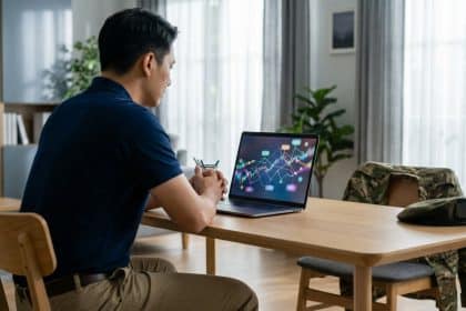 Man in polo shirt views financial data on laptop; camo jacket and beret hint at reservist role in professional home office.