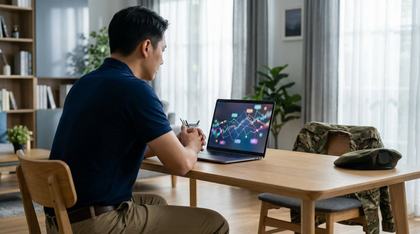 Man in polo shirt views financial data on laptop; camo jacket and beret hint at reservist role in professional home office.