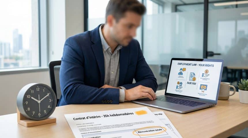 Person reviewing a "Contrat d'intérim" and "Rémunération totale" on a payslip, with "Employment Law - Your Rights" on laptop.