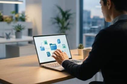 Person using a laptop with a secure HR portal UI, featuring abstract icons for documents and security in a modern office setting.