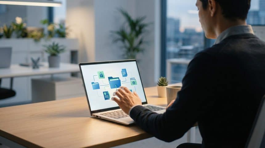 Person using a laptop with a secure HR portal UI, featuring abstract icons for documents and security in a modern office setting.