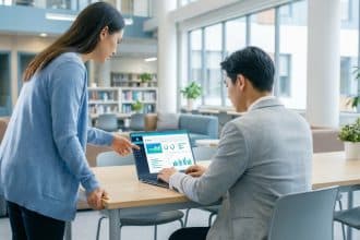 A woman in a blue cardigan points at a laptop screen displaying a data dashboard, assisting a man in a gray blazer in a bright modern office.