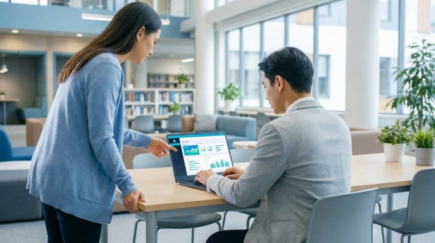 A woman in a blue cardigan points at a laptop screen displaying a data dashboard, assisting a man in a gray blazer in a bright modern office.