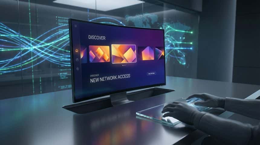 Écran incurvé avec interface "DISCOVER" et "NEW NETWORK ACCESS". Mains gantées sur clavier holographique. Réseau lumineux en arrière-plan.