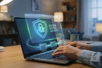 Mains tapant sur un laptop. L'écran affiche un bouclier avec cadenas, "SECURE DIGITAL ARCHIVE", et des dossiers "PAY SLIPS" et "CERTIFICATES".