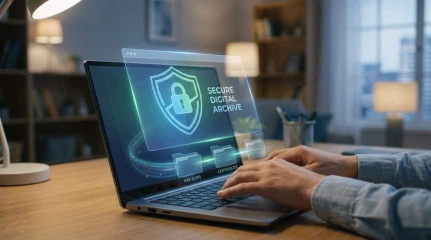 Mains tapant sur un laptop. L'écran affiche un bouclier avec cadenas, "SECURE DIGITAL ARCHIVE", et des dossiers "PAY SLIPS" et "CERTIFICATES".