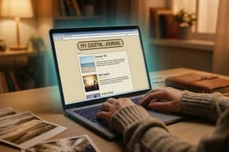 Mains tapant sur un laptop affichant un blog rétro 'MY DIGITAL JOURNAL' et ses souvenirs. Des photos imprimées et un carnet sur le bureau.