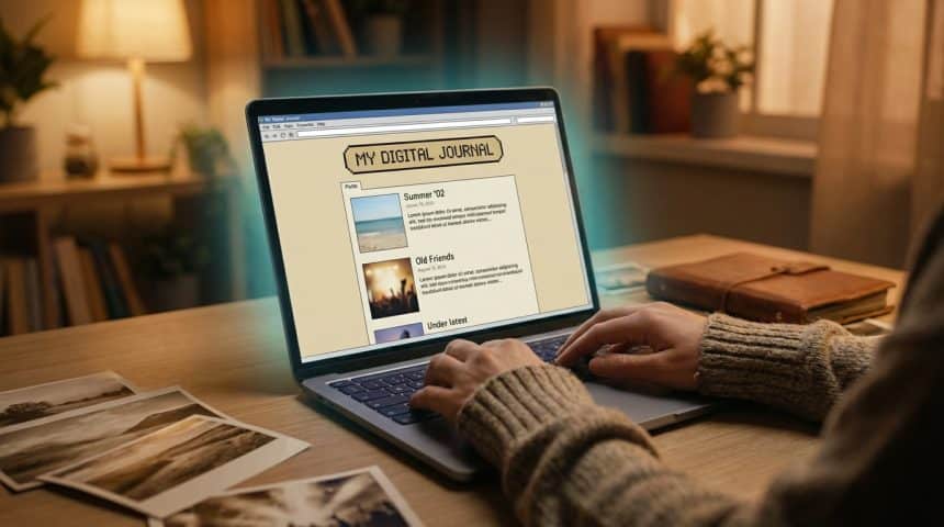 Mains tapant sur un laptop affichant un blog rétro 'MY DIGITAL JOURNAL' et ses souvenirs. Des photos imprimées et un carnet sur le bureau.