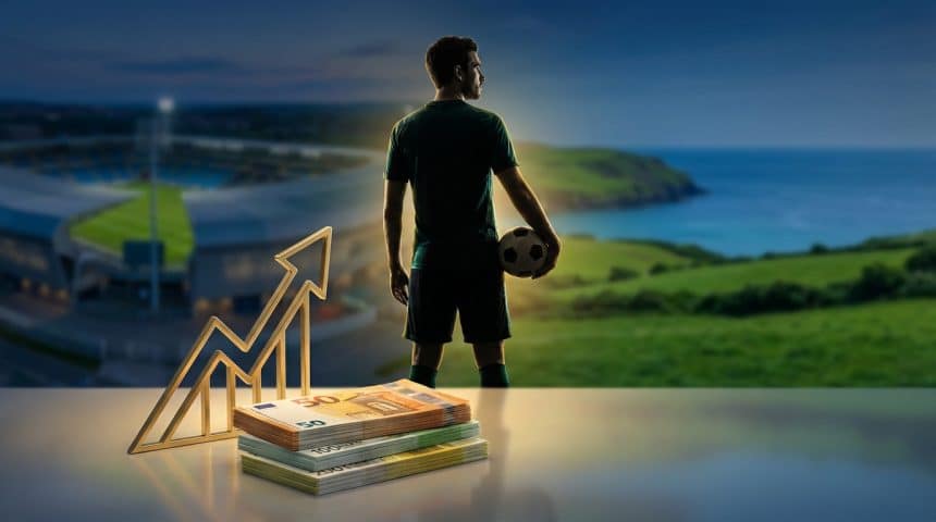Un footballeur tourné vers l'avenir, avec des piles d'euros et une flèche de croissance, symbolisant sa carrière et sa fortune.
