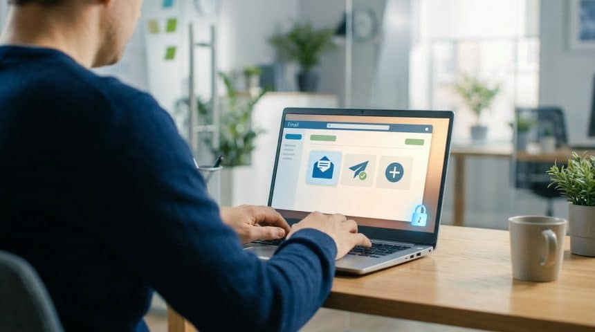 Homme tapant sur un ordinateur portable. L'écran affiche une interface webmail avec des icônes d'enveloppe, d'envoi et un cadenas de sécurité.