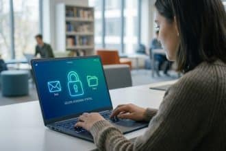 Jeune femme utilise un ordinateur portable affichant le portail académique sécurisé avec icônes de mail, cadenas et documents.