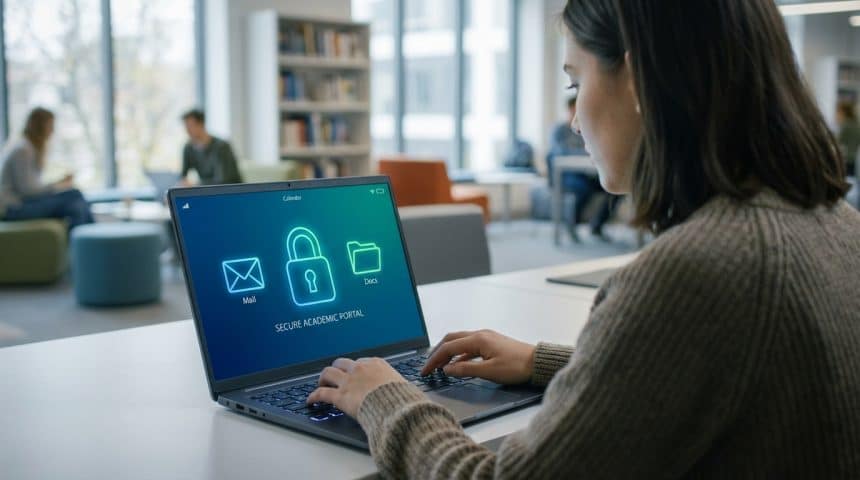 Jeune femme utilise un ordinateur portable affichant le portail académique sécurisé avec icônes de mail, cadenas et documents.