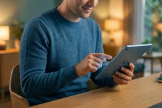 Un homme souriant en pull bleu interagit avec une tablette Apple bleue sur une table en bois, dans un salon bien éclairé.