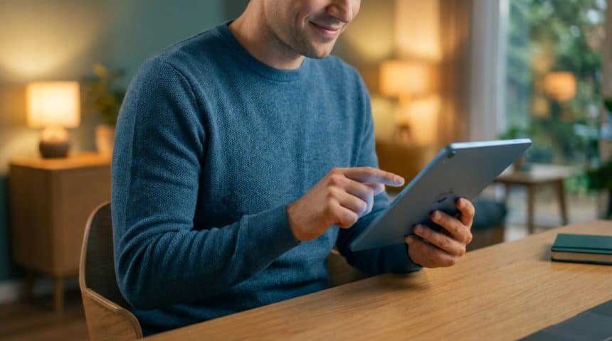 Un homme souriant en pull bleu interagit avec une tablette Apple bleue sur une table en bois, dans un salon bien éclairé.