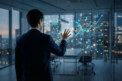 Homme en costume interagit avec un écran holographique affichant graphiques de tendances et réseau de données en bureau moderne.