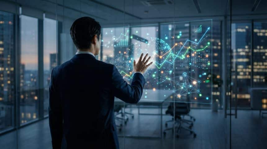 Homme en costume interagit avec un écran holographique affichant graphiques de tendances et réseau de données en bureau moderne.