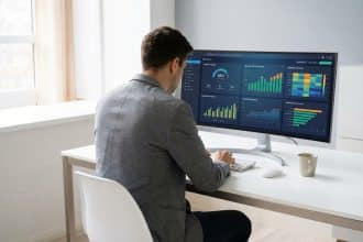 Un homme en veste grise, vu de dos, utilise un ordinateur pour analyser un tableau de bord SEO détaillé avec graphiques et données.
